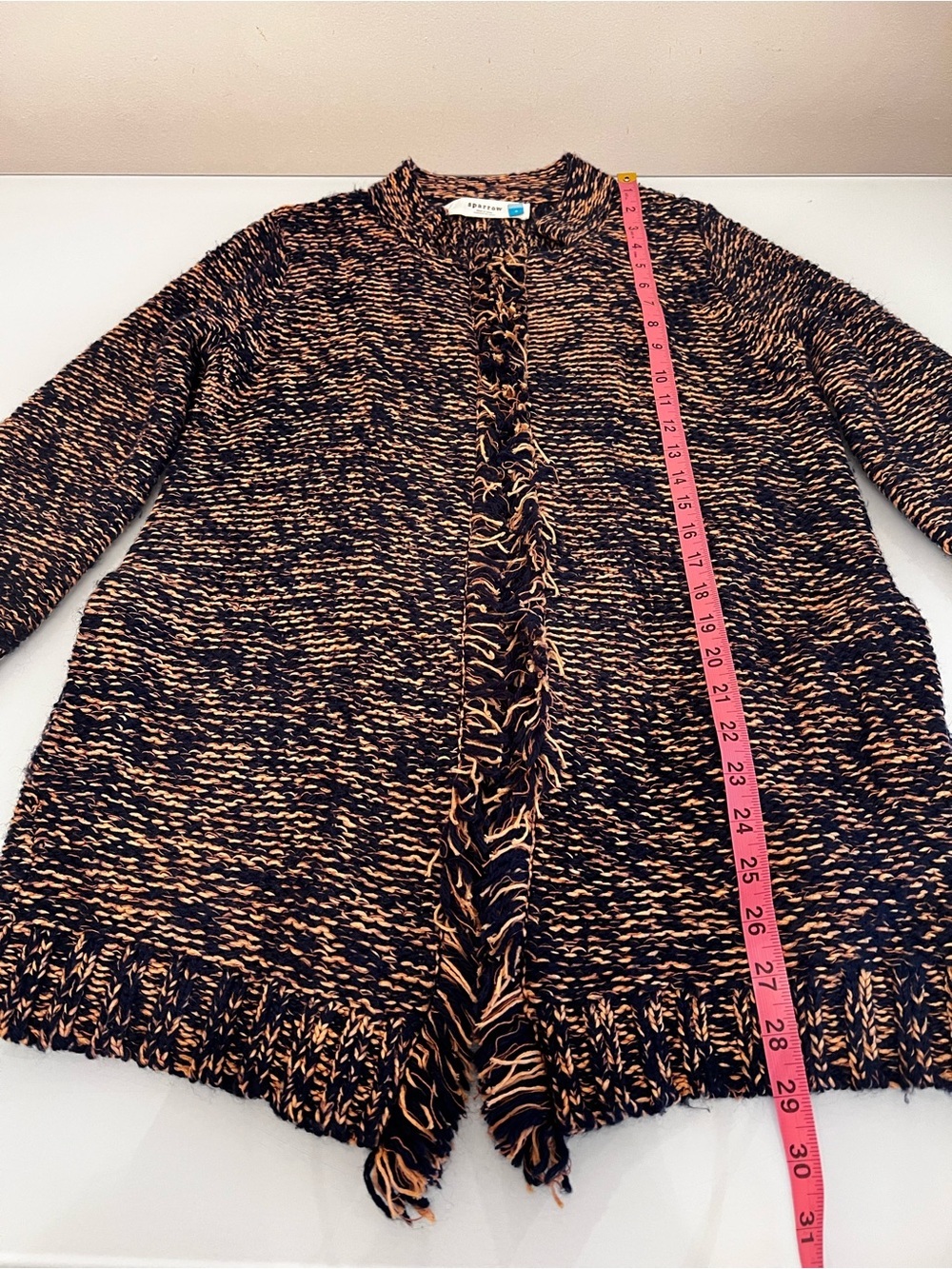 Anthropologie Sparrow Marled Peat Linen Wool Fringe Cardigan Sweater S - Picture 15 of 16